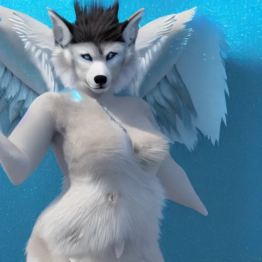 Prompt: 3 d render, well toned, large, female anthropomorphic wolf with wings, blue fur and scales with white spots and wings on her back, ice blue dress, furr covering her chest.