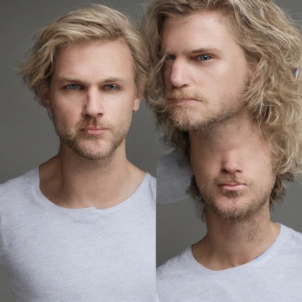 Image similar to full face color photograph of a 40 year old very handsome white man with very short, wavy, light blond hair and very small slanted blue eyes, dressed in a white t shirt, gray shorts and black socks, with very thin lips, with a straight nose and blond stubble on his oval face, and pale skin. He resembles a lion.