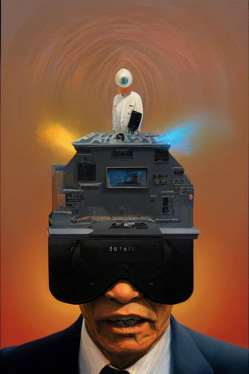 Image similar to sathoshi nakamoto wearing oculus and bitcoin over his head edward hopper and james gilleard, zdzislaw beksisnski, higly detailed