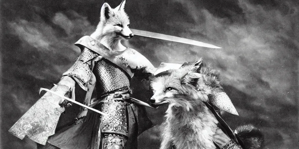 Image similar to anthropomorphic fox who is a medieval knight holding a sword towards a stormy thundercloud 1 9 3 0 s film still