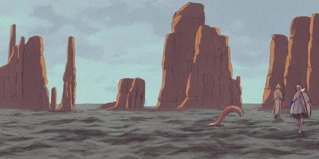 Image similar to a realistic cell - shaded studio ghibli concept art from paprika ( 2 0 0 6 ) of a tan dolphin from close encounters of the third kind ( 1 9 7 7 ) in a flooded monument valley stonehenge. very dull colors, wide shot, hd, 4 k, hq