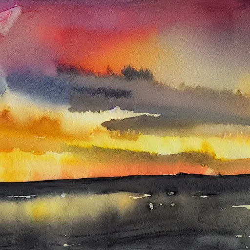 Prompt: The Sunset, watercolor by Tadeusz Dominik