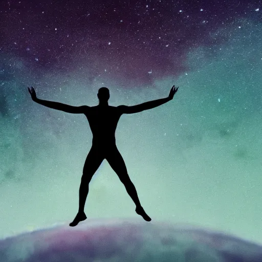 Prompt: wide shot of athletic man, inspiring pose, floating, silhouette, long shot, in a cosmic nebula background, matte colors, very very very dramatic, inspiring digital art trending on artstation