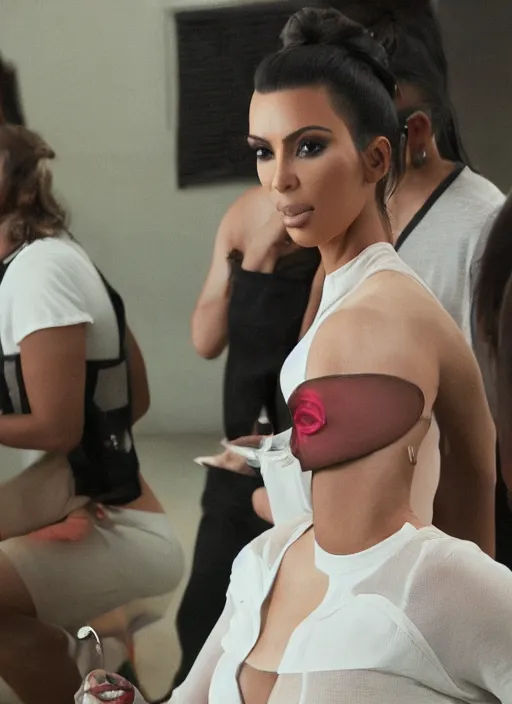 Image similar to a film still of kim kardashian tied to a chair, mouth taped, hands cuffed, outfit : jeans and white vest