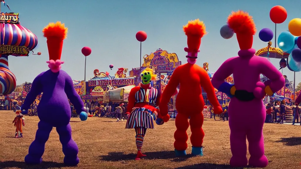 Prompt: the giants clowns at the fair, they tie a balloon animal, film still from the movie directed by denis villeneuve and david cronenberg with art direction by salvador dali and dr. seuss