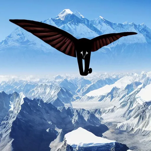 Prompt: a flying elephant using its ears as wings flying over mount everest, 4 k hd photography