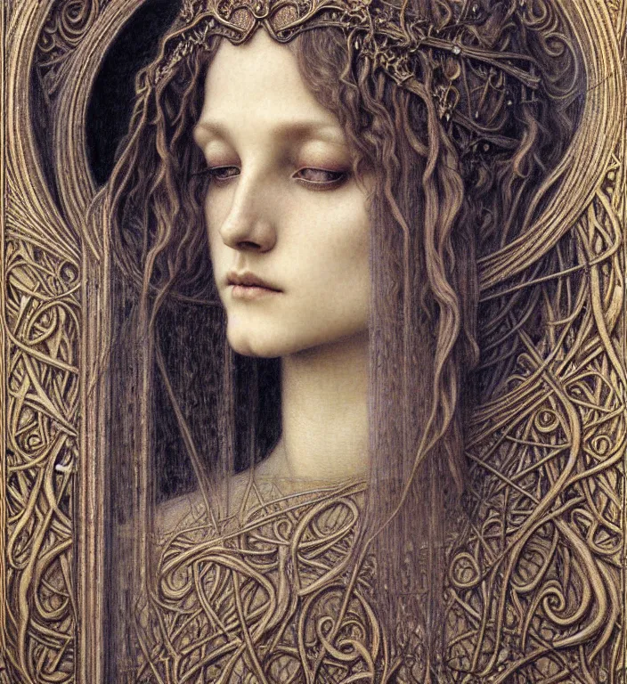 Image similar to detailed realistic beautiful young medieval queen face portrait by jean delville, gustave dore and marco mazzoni, art nouveau, symbolist, visionary, gothic, pre - raphaelite. horizontal symmetry