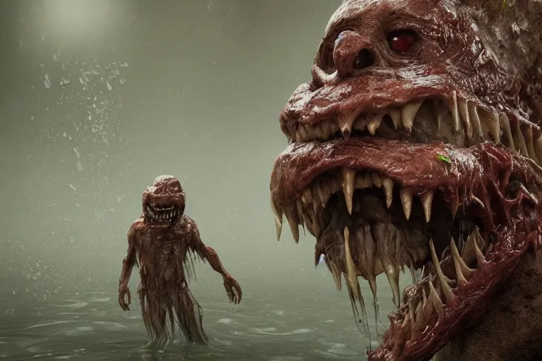 Image similar to a creepy monster, slimy tongue, saliva, translucent skin, standing in shallow water, drowned, unsettling, creepy, artstation, cgsociety, insanely detailed octane render, 8k artistic photography, photorealistic