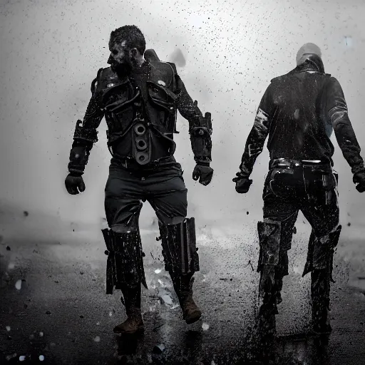 Image similar to 2 warriors in de exoskeletons battling each other in heavy rain, ground fog, moody lighting, 8 k, lightning, shallow depth of field, cinematic lighting,