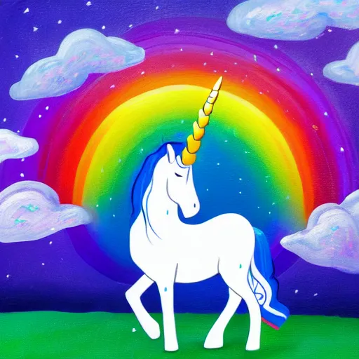 Image similar to a cinematic image of an unicorn walking on a rainbow low saturation Matt painting