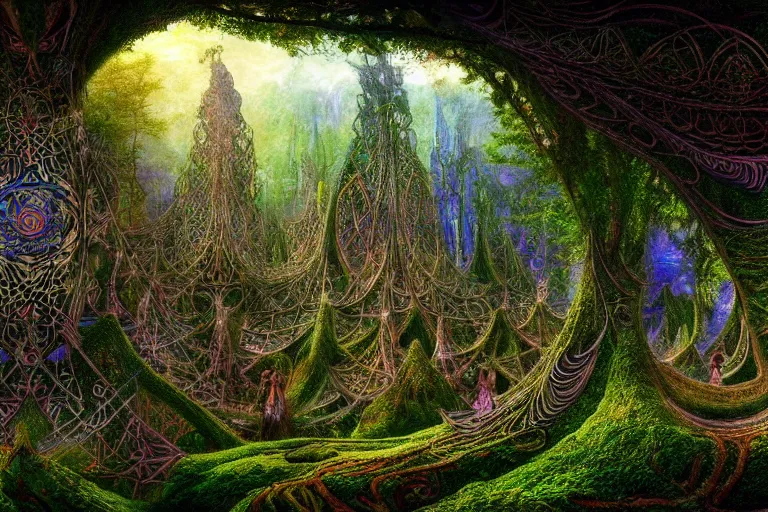 Image similar to a beautiful and highly detailed digital painting of an elven structure in psychedelic forest in a beautiful valley, psychedelic patterns, celtic designs, intricate details, epic scale, 8 k, sharp focus, photorealism, artstation, cgsociety, by caspar friedrich, albert bierstadt, james gurney, brian froud,