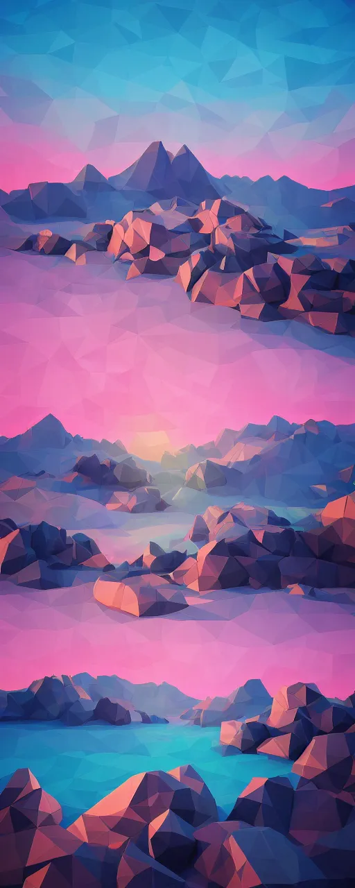 Image similar to super detailed color lowpoly art, northern sunset with rocks on front, monochrome photorealistic bay in the middle of perspective and mountains at background, graphic trowlers in random points ow bay, unreal engine, retrowave color palette, 3 d render, lowpoly, colorful, digital art, perspective