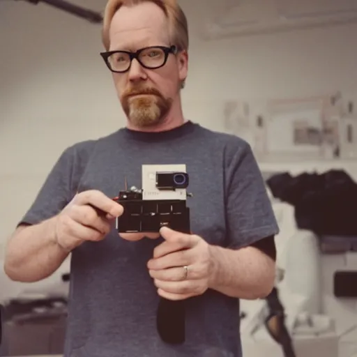 Image similar to color 35mm film still of Adam Savage, figure portrait