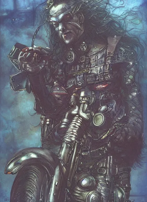 Image similar to portrait of sci - fi biker, cityscape background, beautiful! coherent! by brom, by brian froud, deep color, strong line, high contrast