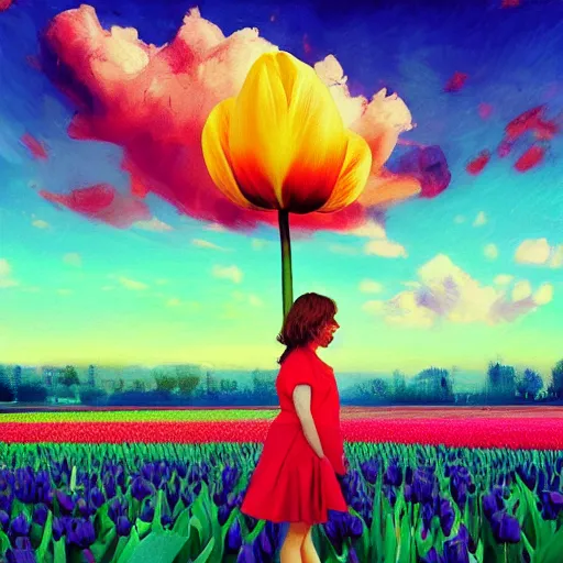 Prompt: girl with singular giant tulip as a head, surreal photography, flower field, sunset dramatic light, impressionist painting, colorful clouds, blue sky, digital painting, artstation, simon stalenhag