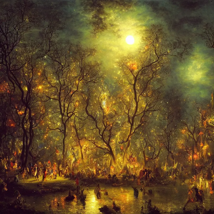 Prompt: a night carnival fairies around a magical tree cavity, with a surreal orange moonlight and fireworks in the background, next to a lake with iridiscent water, christmas lights, volumetric lightning, creatures and fantastic people disguised as fantastic creatures in a magical forest by summer night, masterpieceunderwater scene, masterpiece painted by andreas achenbach, scene by night