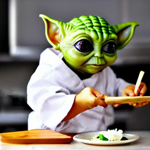 Image similar to tiny and innocent baby yoda appears as a chef wearing a white chefs hat and apron in a beautiful kitchen, preparing some food