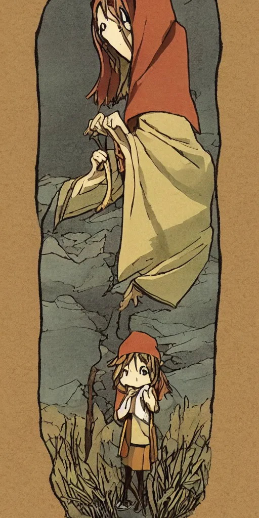 Prompt: a hermit on a mountain with a lamp drawn like Watamote anime, full color, tarot card The hermit,