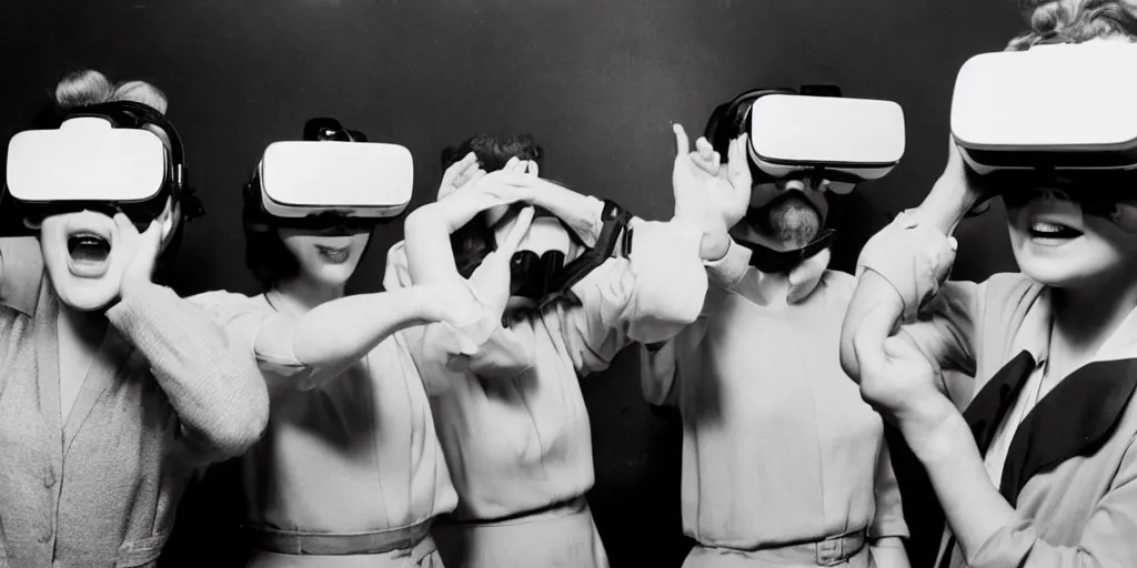 Image similar to people from the 1 9 5 0 s playing with virtual reality goggles, they are in awe, photograph