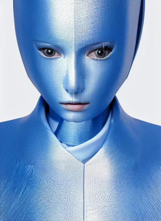 Prompt: a digital portrait of an european girl detailed features wearing a cyber latex wedding coat suit - synthetic materials imac bondi blue 1 9 9 8 by issey miyake by ichiro tanida and mitsuo katsui