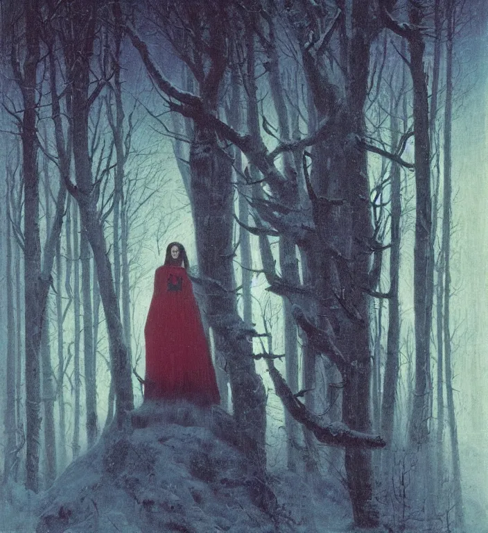 Prompt: portrait of white raven woman in the winter forest red and purple palette, volume light, fog by caspar david friedrich by ( h. r. giger ) and paul lehr
