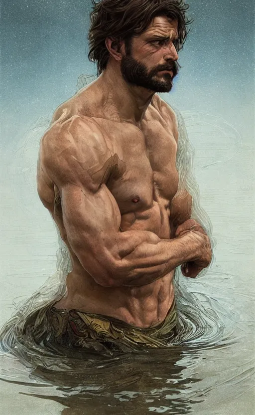 Prompt: portrait of the god of the lake, 30 years old, rugged, male, gorgeous, detailed face, amazing, thighs!!!!!!, muscular, intricate, highly detailed, digital painting, artstation, concept art, sharp focus, illustration, art by greg rutkowski and alphonse mucha