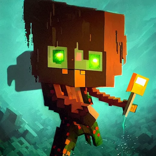 Image similar to painting by greg rutkowski of a minecraft drowned zombie with glowing cyan eyes, wearing ragged clothing and and algae growing on it, holding a trident, underwater