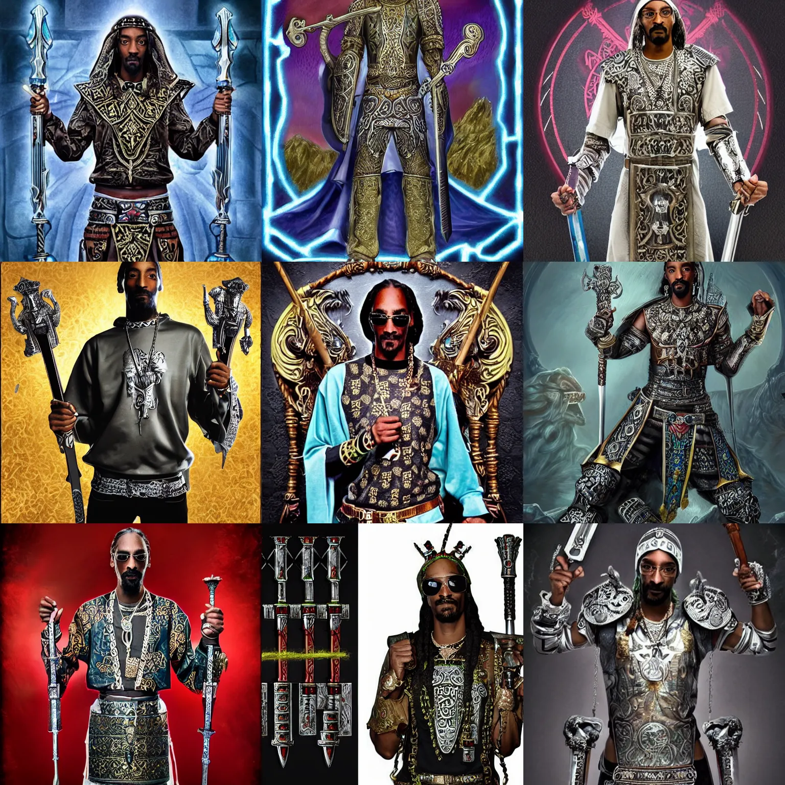 Prompt: fantasy art of snoop dogg dual wielding ornate runic swords, wearing beautiful platinum armor