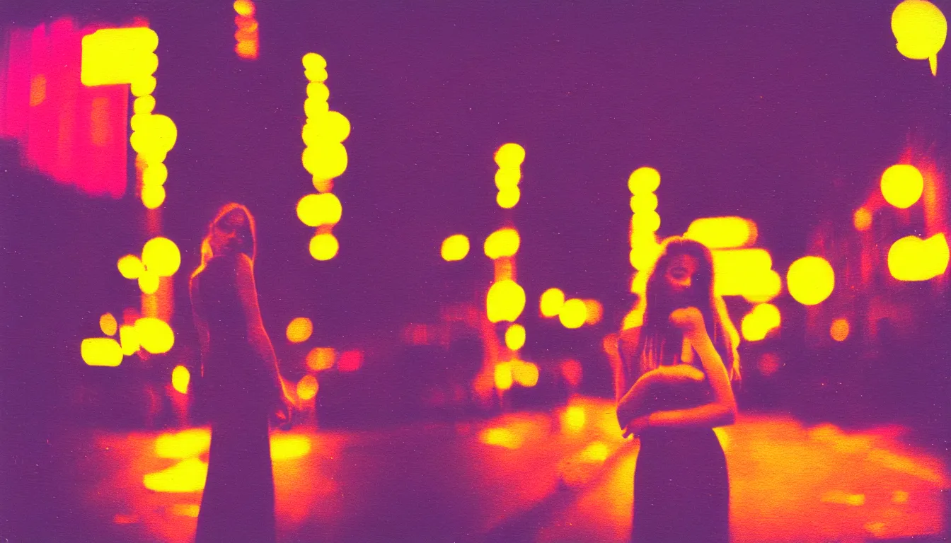 Prompt: colorful instant photograph of a beautiful woman in a city at night, polaroid, light leak, raw, nostalgic