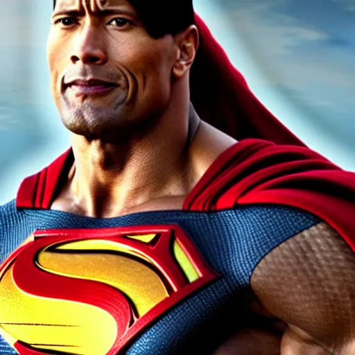 Image similar to dwayne johnson as superman, face visible, full body shot, highly - detailed, sharp focus, award - winning