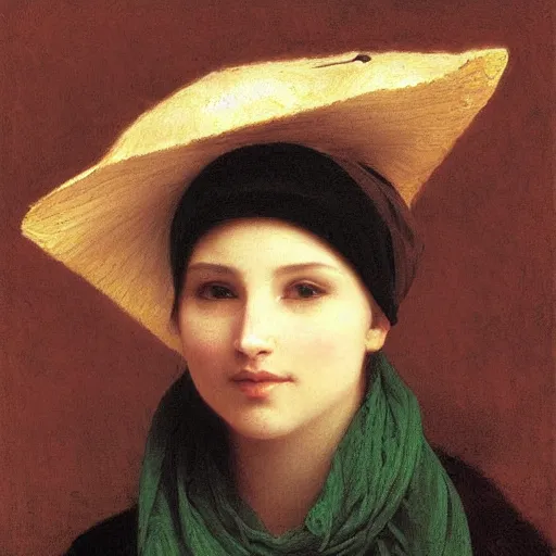 Image similar to A portrait of a fox wearing a scarf and a boater hat by Robert Cleminson and William-Adolph Bouguereau