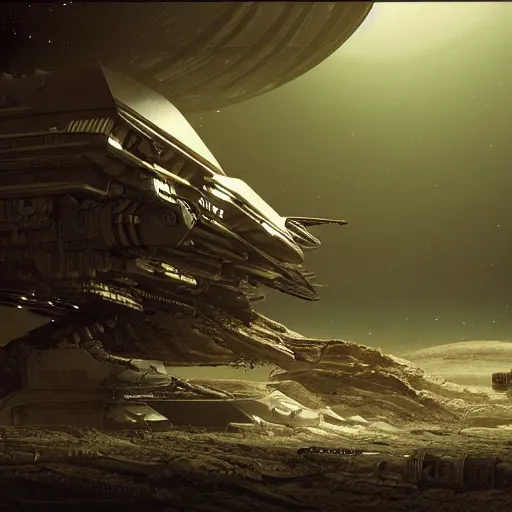 Image similar to a photorealistic picture of the Nostromo spaceship landed on a dark planet, lot of details, greeble and nurnies, dark mood, cinematic, realistic