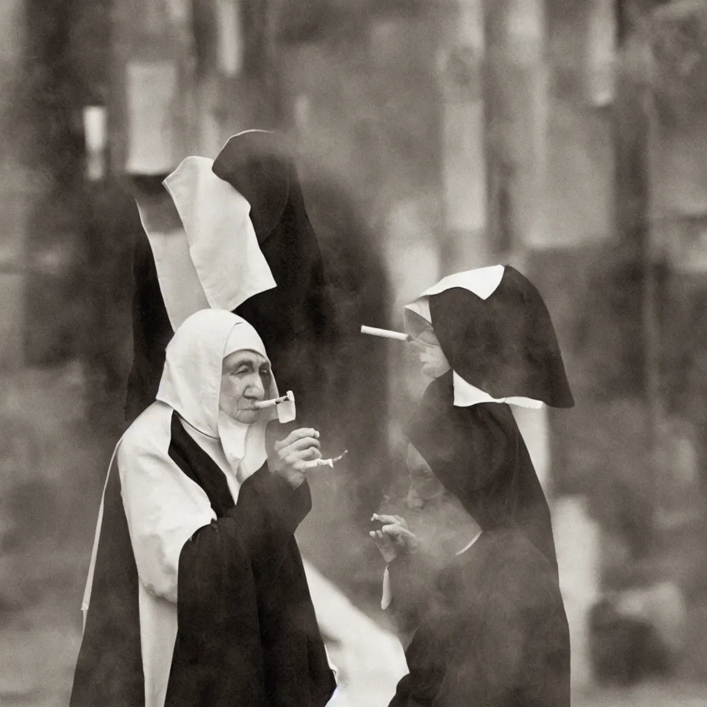 Image similar to a nun smoking a cigarette