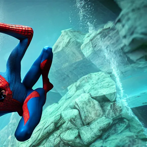 Image similar to spiderman underwater, 3 d render, unreal engine, octane render, ray tracing, unity, highly detailed, high quality, hd, 4 k, 8 k, realistic, sharp, trending