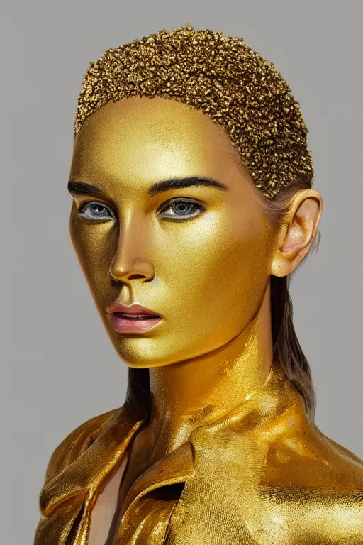 Image similar to sculpture made of gold, portrait, future, shaman, gold, close up, harper's bazaar, vogue, magazine, concept art, ornate, luxury, elite, elegant, trending on artstation, by ruan jia, by Kenneth Willardt, by ross tran, by WLOP, by Andrei Riabovitchev,