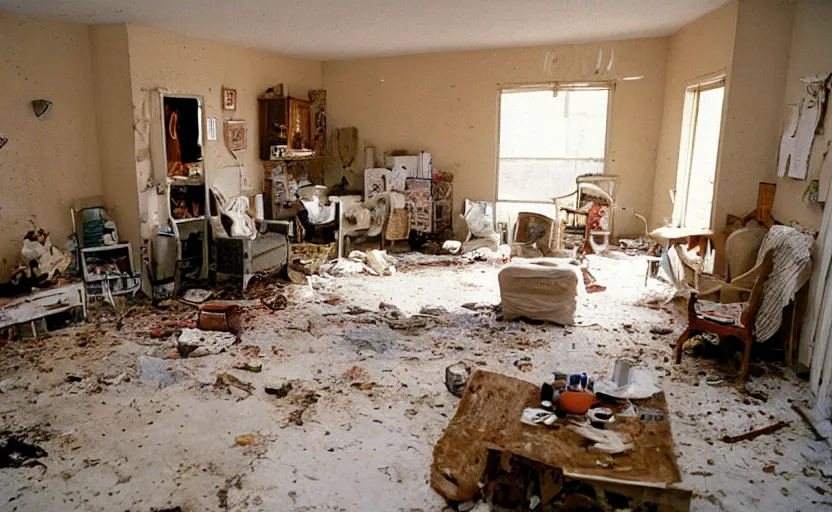 Image similar to living room interior of a white trash family, dirty walls, brown tiled floor, white plastic garden chairs, ashtray, dirty beige deep pile rug, 1990s oak wood furniture