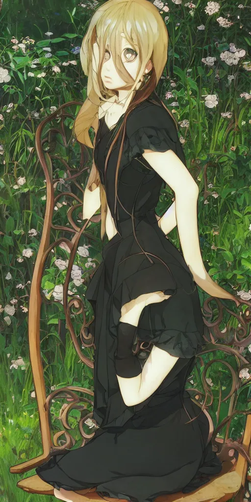 Image similar to a loli with long hair in a black dress sitting on a metal garden chair in the privet garden at afternoon, green and warm theme, back lighting, highly detailed, by krenz cushart and mucha and akihito yoshida and greg rutkowski and makoto shinkai and studio ghibli, detailed eyes, 4 k resolution, trending on art station