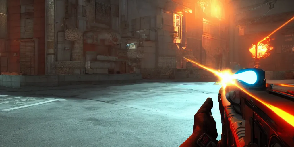 Image similar to screenshot of duke nukem 3 d, dos, videogame, neon glow, lens flare, 8 k, unreal engine