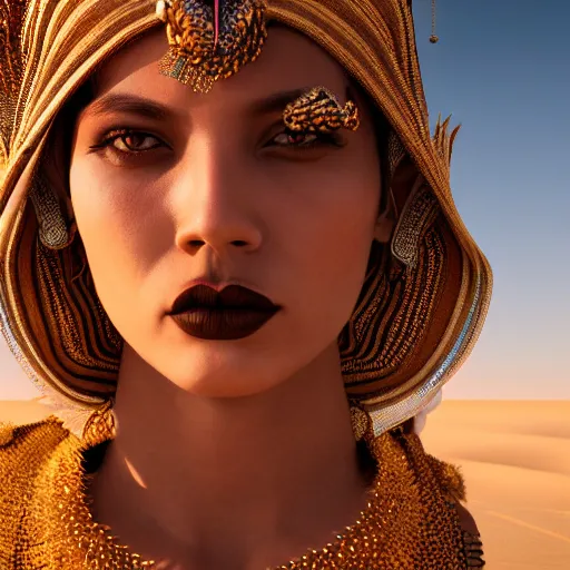 Image similar to giesha demon, innovative avant - garde art, deco fashion, asian desert nomad women, highly detailed, photorealistic portrait, serene desert setting, golden hour, crisp quality and light reflections, octane render