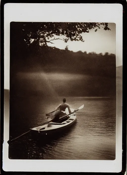 Prompt: a man rowing a rowboat, flash polaroid photo by george hurrell, hazy light rays