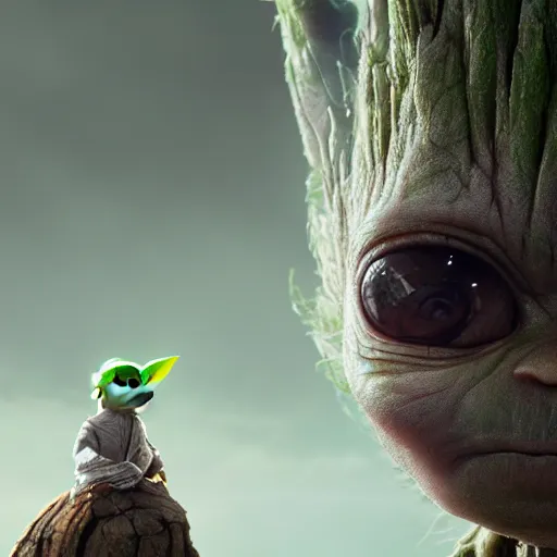 Image similar to babyyoda ( 2 0 2 1 ) walking next to groot ( 2 0 1 7 ). they are friends. photorealistic, digital art, epic fantasy, dramatic lighting, cinematic, extremely high detail, cinematic lighting, trending, artstation, cgsociety, 3 d ue 5, 4 k, hq