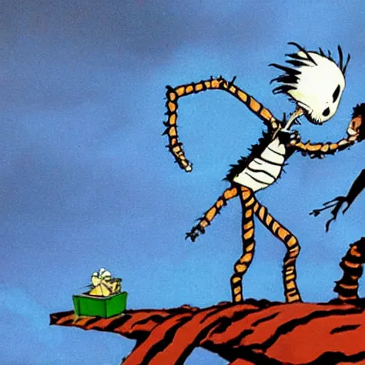 Image similar to a still of calvin and hobbes in nightmare before chrismas