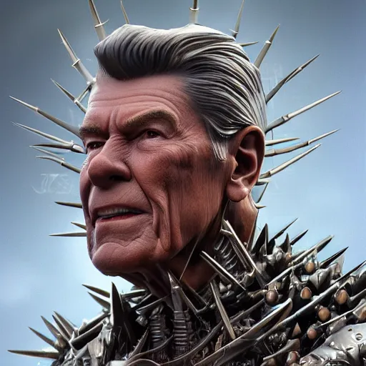 Prompt: highly detailed ronald reagan with multiple eyes and spikes, limbs by alex gray, android jones, karol bak, ayami kojima, artgerm, concept art, sharp angles, robot, 3 d, octane render, 8 k, unreal engine