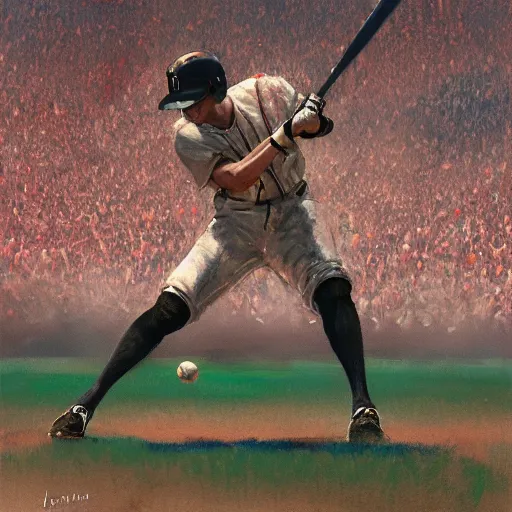 Image similar to baseball player hitting the ball with the baseball bat in the middle of the game and in front of everyone in the stadium, james gurney painting style, greg rutkowski, artstation