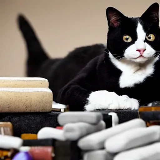 Image similar to A tuxedo cat lying on top of a pile of narcotics seized by the authorities with the police in the back, photo from the police