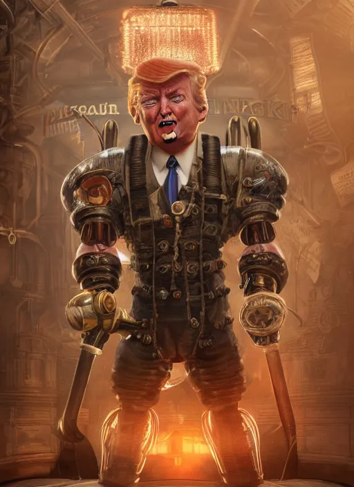 Image similar to steampunk bioshock donald trump is a muscular bodybuilder, au naturel, hyper detailed, digital art, trending in artstation, cinematic lighting, studio quality, smooth render, unreal engine 5 rendered, octane rendered, art style by klimt and nixeu and ian sprigger and wlop and krenz cushart.