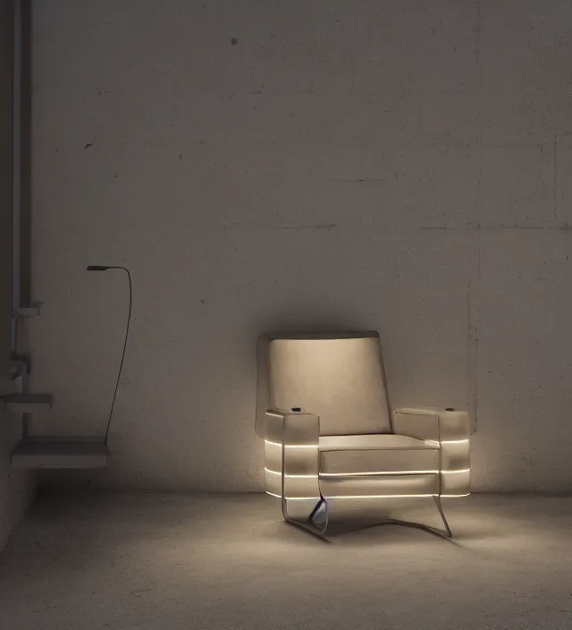 Image similar to a brutalist leather armchair with led strips in a dark concrete room, intricate details, octane render
