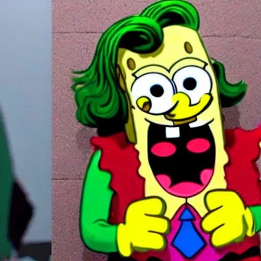 Prompt: spongebob wearing the costume and makeup of the joaquin phoenix joker from the film joker