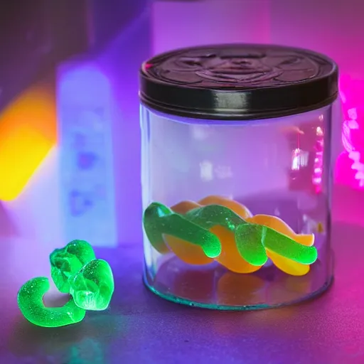 Image similar to a small edible gummi worm candy with cybernetics is for sale from a food truck. the candy is displayed with dramatic product lighting, pearlescent. in the background a dim alley is illuminated by the food truck. digital art, imax 7 0 mm, blade runner, sci - fi, fantasy, fairytale, 4 k, octane 3 d render, ue 5.