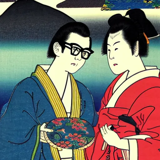 Image similar to rivers cuomo with a japanese woman with loose robes, ukiyo - e style